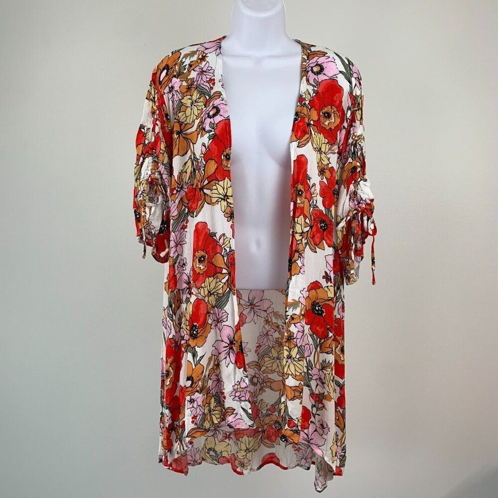 Maurices Kimono sz S Poppy Print Colorful Open Front Cinched Sleeves New NWT